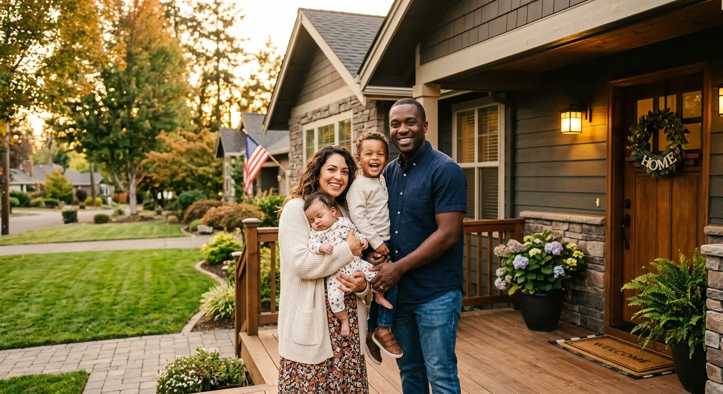 Young family in front of home